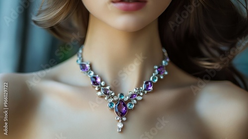 The necklace of silver with amethyst, aquamarine, and white gemstones beautifully contrasts against the skin of an elegant woman.