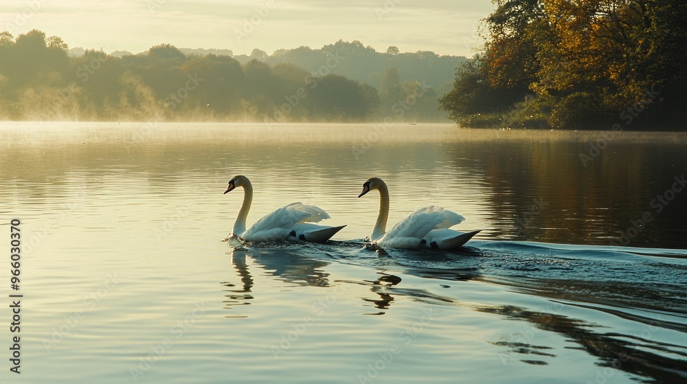 Fototapeta premium Swans Gliding on a Serene Lake under Golden Sunlight