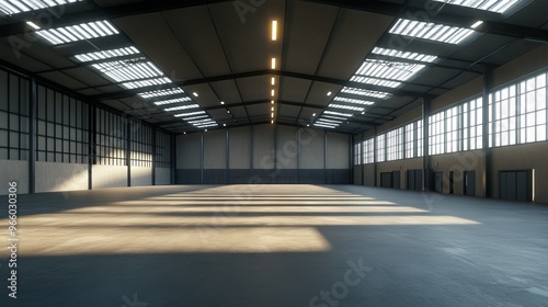 Empty Modern Warehouse with High Ceilings and LED Lighting - AI generated illustration.