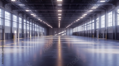 Empty Modern Warehouse with High Ceilings and LED Lighting - AI generated illustration.