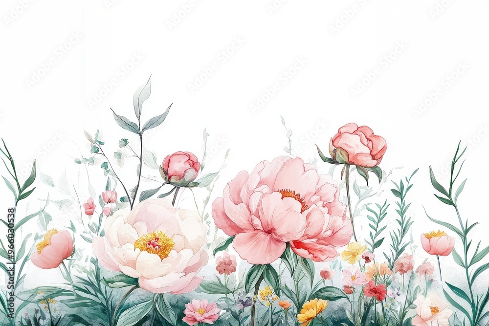 Abstract watercolor peony flowers and leaves and wild flowers at footer background, pastel color 