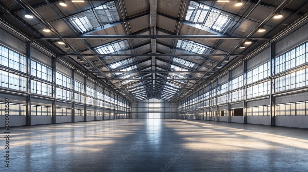 Empty Modern Warehouse with High Ceilings and LED Lighting - AI generated illustration. Empty Modern Warehouse with High Ceilings and LED Lighting - AI generated illustration.