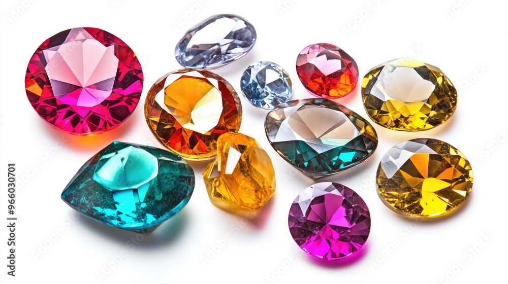 Various bright gems in different shapes and colors, isolated on white, perfect for jewelry design concepts. Various bright gems in different shapes and colors, isolated on white, perfect for jewelry design concepts.