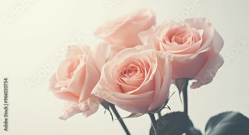 Delicate pink roses arranged elegantly with green leaves in soft natural light