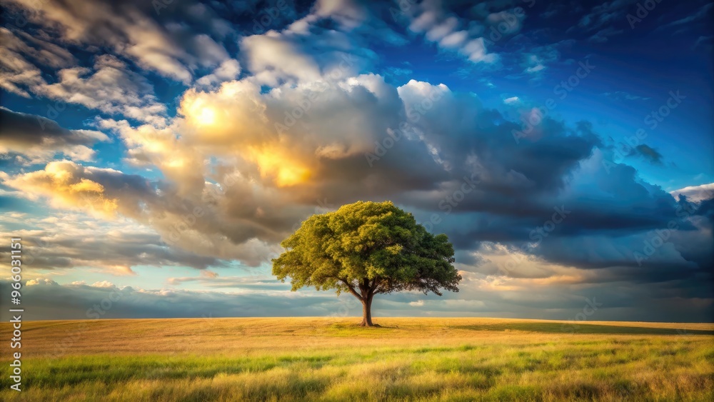 A Single Tree Stands Alone In A Field With A View Of A Distant Horizon And Clouds In The Sky. A Single Tree Stands Alone In A Field With A View Of A Distant Horizon And Clouds In The Sky.