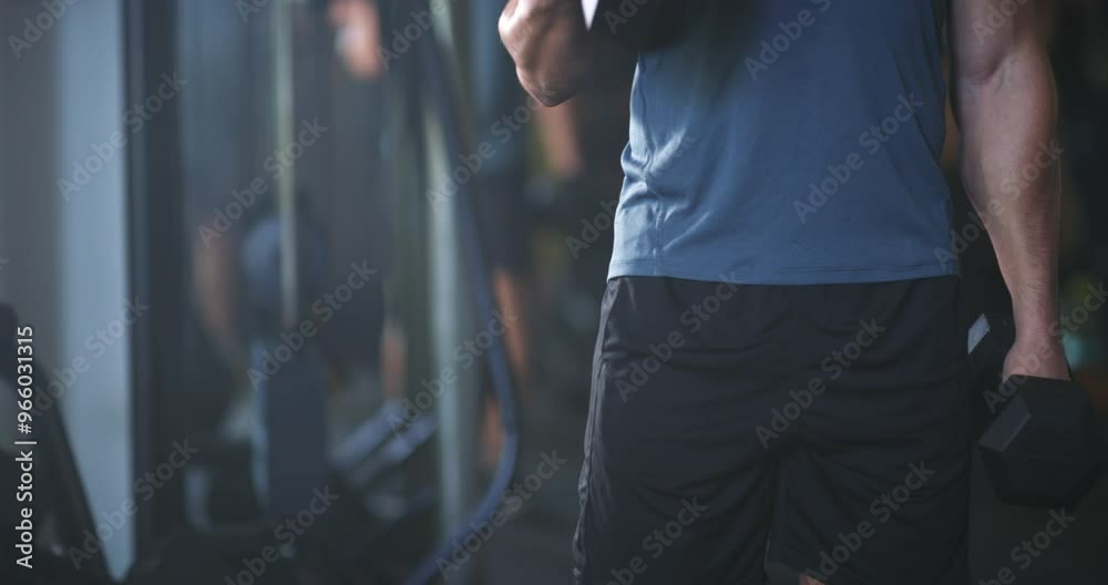 Happy strong man, arm exercise or dumbbell rack row of weights, equipment or done with weightlifting training. Bicep workout, gym commitment and fitness dedication, wellness or bodybuilder portrait Happy strong man, arm exercise or dumbbell rack row of weights, equipment or done with weightlifting training. Bicep workout, gym commitment and fitness dedication, wellness or bodybuilder portrait