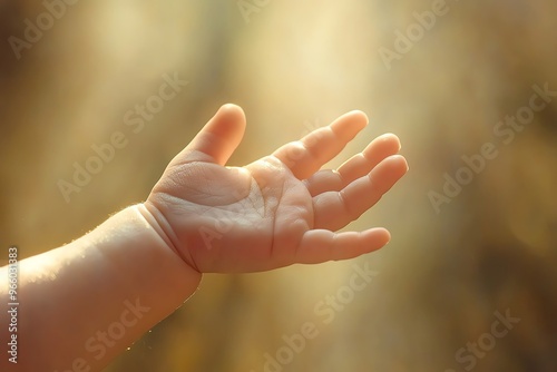 A close-up of a baby's hand reaching out, symbolizing innocence, curiosity, and connection with the world around them.