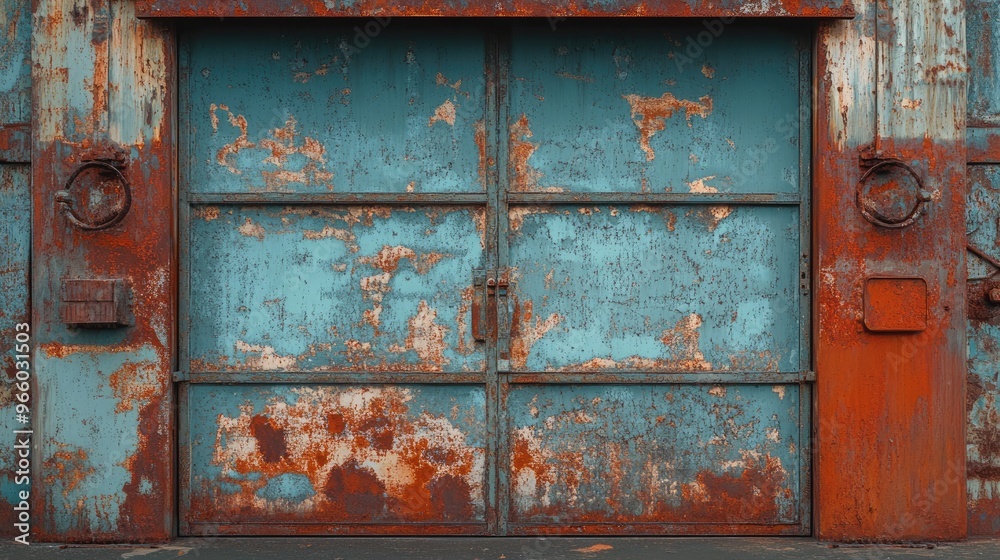 Rusted metal doors of an old industrial building, with peeling paint and weathered texture. Rusted metal doors of an old industrial building, with peeling paint and weathered texture.