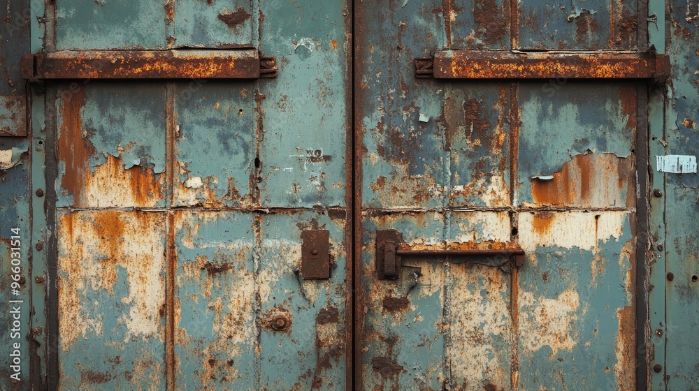 Rusted metal doors of an old industrial building, with peeling paint and weathered texture. Rusted metal doors of an old industrial building, with peeling paint and weathered texture.
