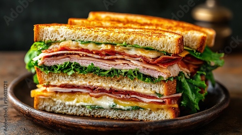 hearty classic club sandwich with layers of meat cheese and fresh greens served on a rustic plate for a delicious lunch