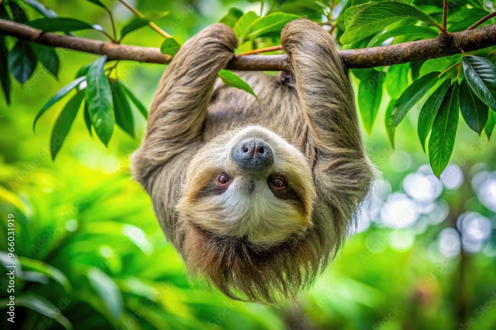 Fototapeta premium A Sleepy Sloth Hangs Upside Down On A Tree Branch With Lush Green Leaves, Creating A Serene And Exotic Scene.