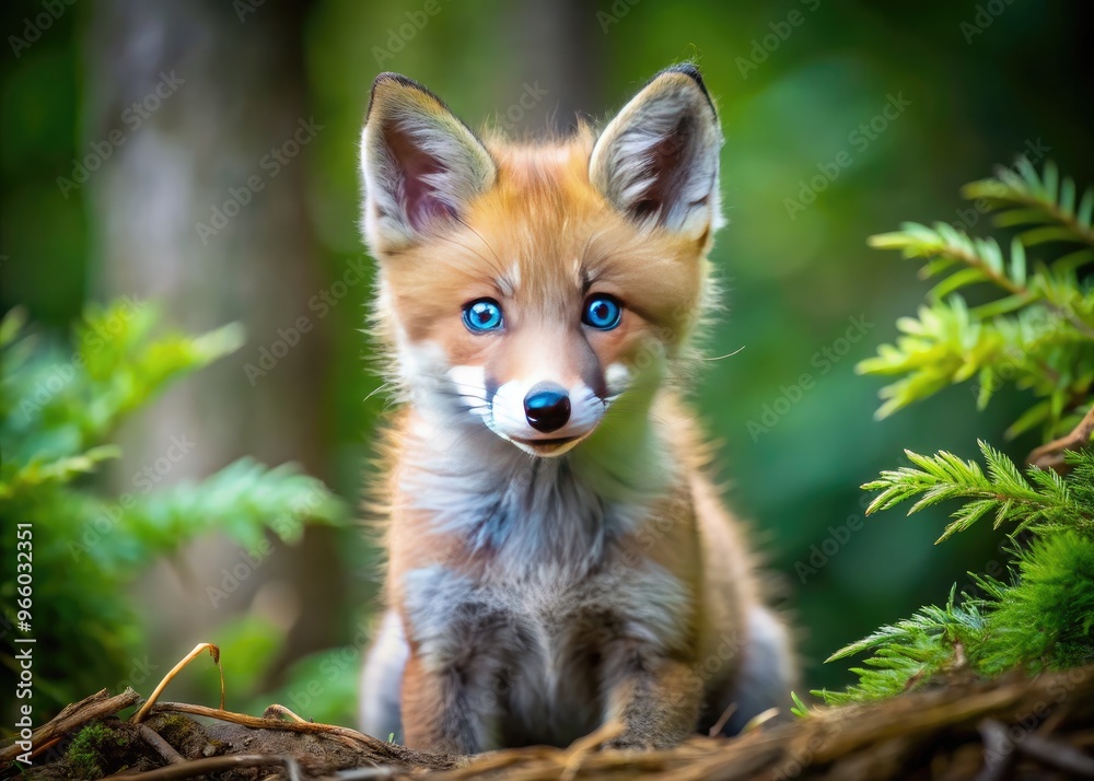 A Small, Fluffy Fox Cub With Piercing Blue Eyes Looks Curiously At The Camera In A Forest Setting. A Small, Fluffy Fox Cub With Piercing Blue Eyes Looks Curiously At The Camera In A Forest Setting.