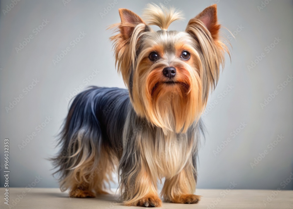 A Small, Fluffy Yorkshire Terrier With A Long, Silky, Gray And Tan Coat Stands On Its Hind Legs, Looking Curiously Into The Camera. A Small, Fluffy Yorkshire Terrier With A Long, Silky, Gray And Tan Coat Stands On Its Hind Legs, Looking Curiously Into The Camera.