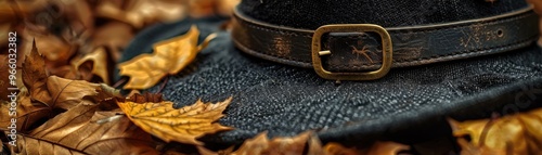 Vintage black hat with buckle resting on autumn leaves, creating a cozy fall atmosphere with earthy tones and seasonal vibes. photo