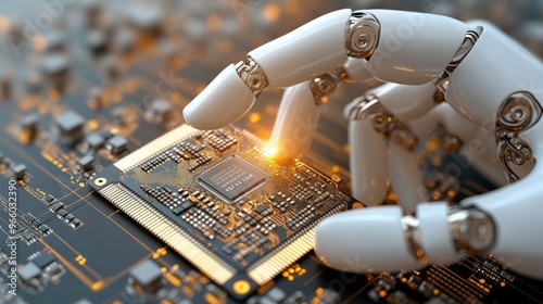 An AI robot hand is holding a computer chip for connecting various motherboard systems.