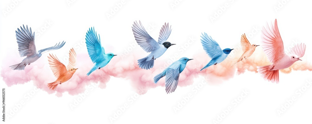 Fototapeta premium A vibrant watercolor illustration of flying birds in various colors against a soft background, evoking a sense of freedom and beauty.