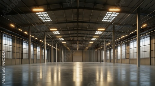 Empty Modern Warehouse with High Ceilings and LED Lighting - AI generated illustration.