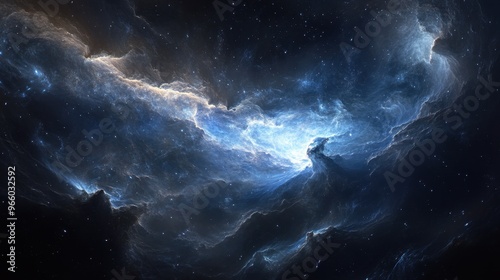 Realistic depiction of outer space with distant stars, nebulae, and a swirling galaxy. A sense of vastness and infinite possibilities, with deep blues and blacks.