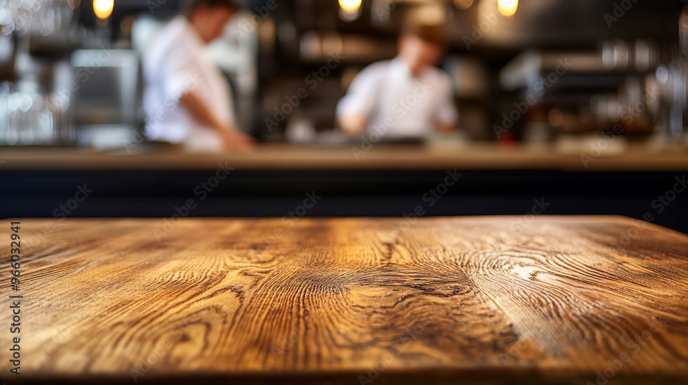 Wooden Table in Restaurant Kitchen with Young Chefs - AI generated illustration Wooden Table in Restaurant Kitchen with Young Chefs - AI generated illustration