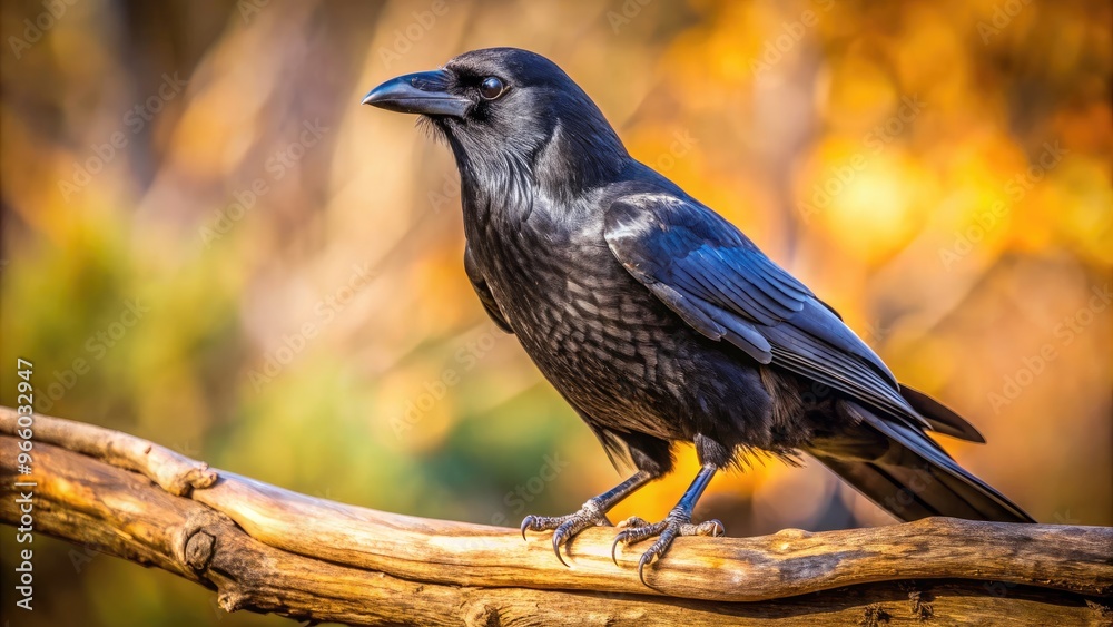 Naklejka premium A solitary black crow perches on a weathered branch, its sleek feathers glistening in the sunlight, its piercing gaze conveying wisdom and mystery.