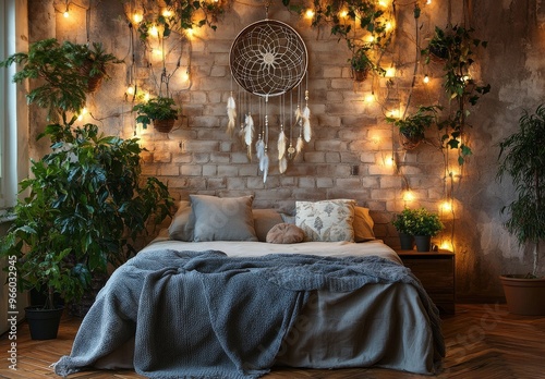 Cozy bedroom adorned with string lights and plants in a serene urban setting