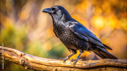 A solitary black crow perches on a weathered branch, its sleek feathers glistening in the sunlight, its piercing gaze conveying wisdom and mystery. photo