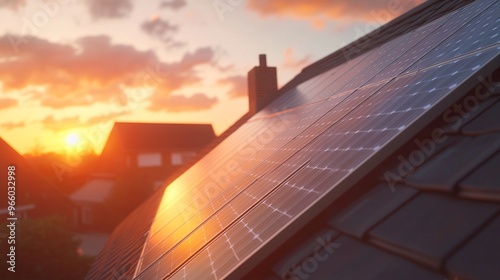 Close-up of Solar Panels on Urban House Roof During Golden Hour - AI generated illustration.