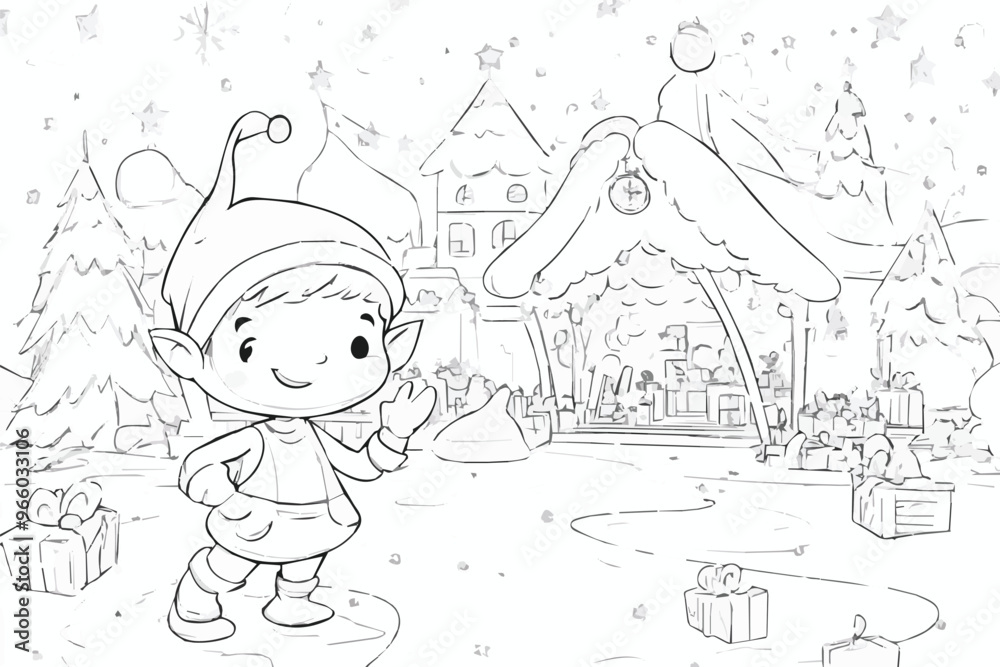 Naklejka premium A cheerful elf waves in a snowy, festive village, surrounded by decorated trees and wrapped gifts This charming scene captures the spirit of holiday joy and cheer