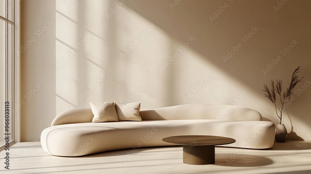 Beige Curved Sofa and Coffee Table in Minimalist Modern Living Room - AI generated illustration Beige Curved Sofa and Coffee Table in Minimalist Modern Living Room - AI generated illustration