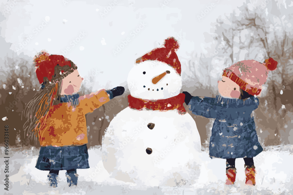 Two joyful children adorned in winter attire create a snowman, embodying the spirit of a snowy day filled with laughter and friendship amidst gently falling snowflakes Two joyful children adorned in winter attire create a snowman, embodying the spirit of a snowy day filled with laughter and friendship amidst gently falling snowflakes