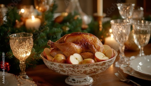 A festive table setting featuring a roasted turkey with fresh fruits during a...