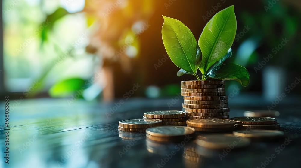 A small plant growing from a stack of coins, symbolizing growth, investment, and sustainability in a natural setting. A small plant growing from a stack of coins, symbolizing growth, investment, and sustainability in a natural setting.