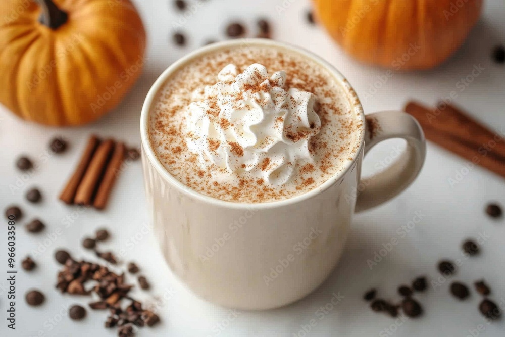 Pumpkin Spice Latte: A cup of Pumpkin Spice Latte surrounded by ingredients pumpkin puree, cinnamon sticks, nutmeg, and cloves. Pumpkin Spice Latte: A cup of Pumpkin Spice Latte surrounded by ingredients pumpkin puree, cinnamon sticks, nutmeg, and cloves.