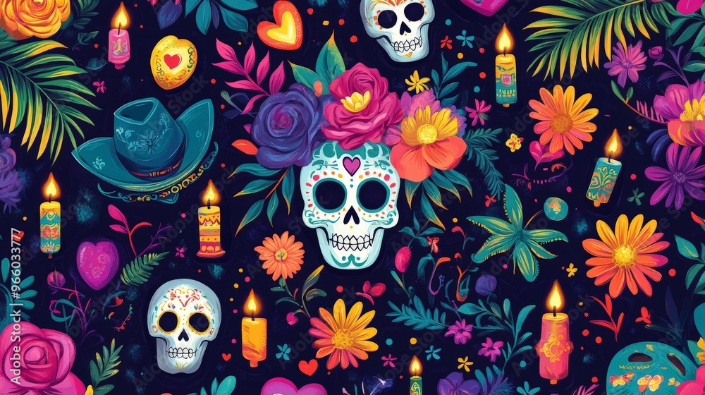 A vibrant pattern of Mexican Day of the Dead elements A vibrant pattern of Mexican Day of the Dead elements