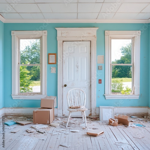 An abandoned room with blue walls, cluttered floor, and a single chair surrounded by scattered boxes and debris.