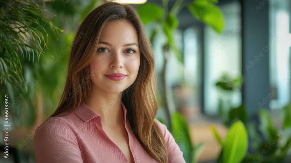 Portrait of a young professional woman in pink, guiding her team Portrait of a young professional woman in pink, guiding her team