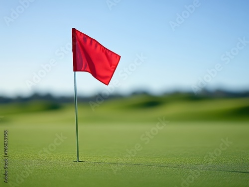 Serene Achievement: Lone Red Flag on Golf Green in Minimalist Sports Setting