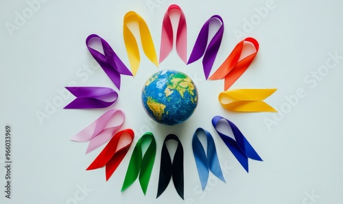  Colorful Consciousness Ribbons Embracing Earth Globe: Abstract Concept for World Environment Day. Unity, Love, and Inclusivity Symbolized in Top View Design for Cultural Marketing, Promotional Campai photo