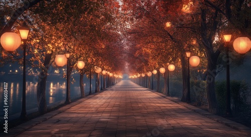 Illuminated path lined with lanterns among autumn trees in a tranquil park at...