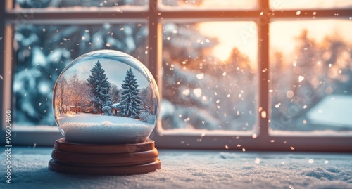 A winter snow globe showcasing a serene forest scene during sunset by the window