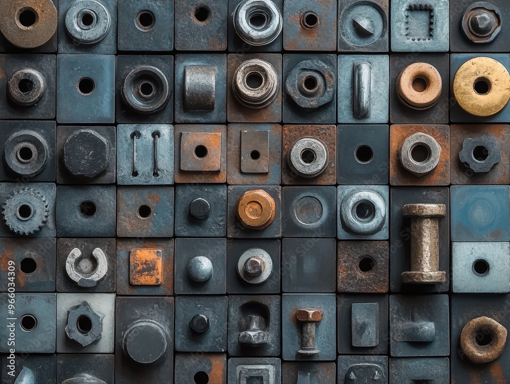 Obraz premium Industrial Harmony: Geometric Composition of Nuts and Bolts in Minimalist Hardware Pattern
