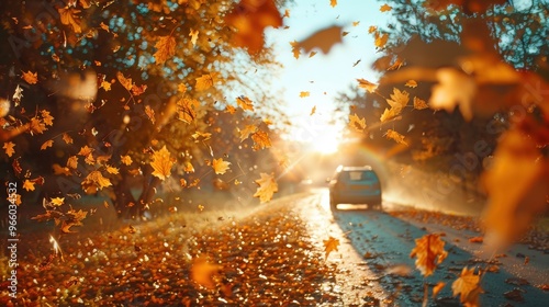A car drives through a scenic autumn road with falling leaves illuminated by a warm sunset, capturing the essence of fall season beauty.