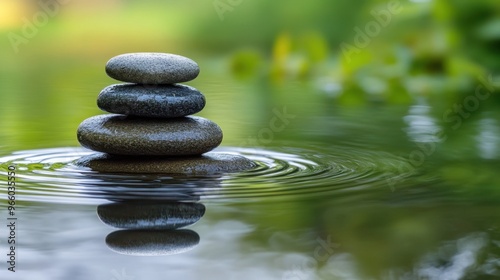 Zen stone creating ripples in a calm, reflective body of water, with a serene background emphasizing tranquility.