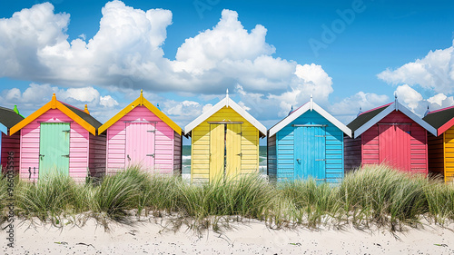 Colorful Beach Huts in a row on a sandy