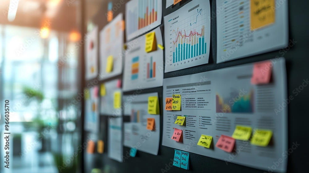 Colorful sticky notes and graphs displayed on a wall, illustrating project organization and data analysis in a modern workspace. Colorful sticky notes and graphs displayed on a wall, illustrating project organization and data analysis in a modern workspace.