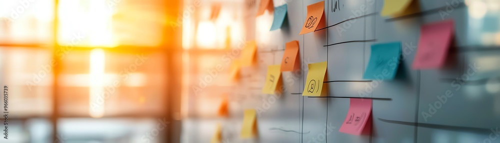 Colorful sticky notes arranged on a whiteboard, creating an organized workspace ambiance with warm sunlight in the background. Colorful sticky notes arranged on a whiteboard, creating an organized workspace ambiance with warm sunlight in the background.