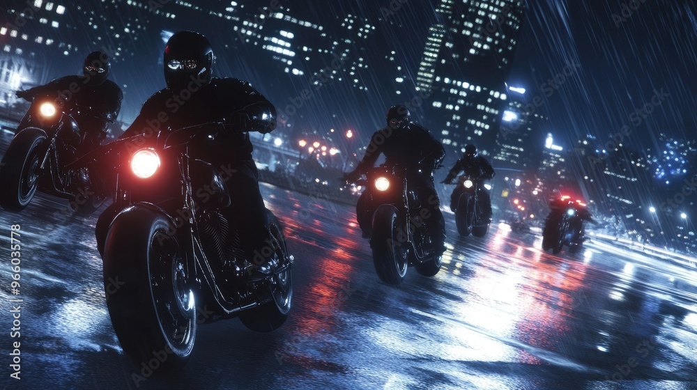A biker gang riding through an urban area at night, with city lights reflecting off their motorcycles. A biker gang riding through an urban area at night, with city lights reflecting off their motorcycles.