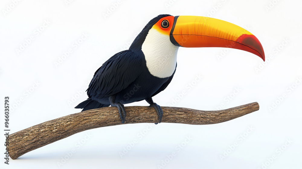 Naklejka premium A 3D illustration of a serene toucan perched on a branch, isolated on a transparent background.