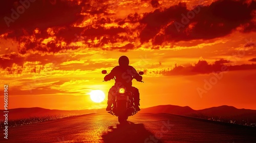 A biker on a motorcycle, silhouetted against a fiery sunset on a lonely road.