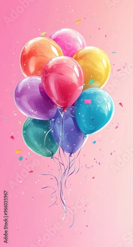 Colorful balloons floating against a vibrant pink background in a festive cel...
